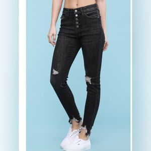 NWT Judy Blue Destroy Button Fly Black Skinny Jeans